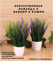 Искусственные цветы / Осока с Лавандой в кашпо / Украшение интерьера / Высота 25 см. / В наборе 2 шт