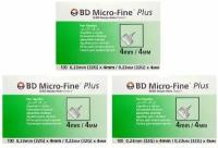 Иглы для шприц-ручек BD Micro-Fine Plus, 32G, толщина 0,23 мм, длина 4 мм, 300 штук (3 упаковки №100)