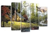 Модульная картина с часами / Часы на холсте Избушка в лесу 140х80 см