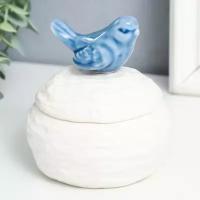 Шкатулка керамика "Синяя птичка на гнезде" белая 9х9х10 см