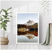 Постер В рамке "Пейзаж, озеро в горах" 40 на 50 (белая рама) / Картина для интерьера / Плакат / Постер на стену / Интерьерные картины