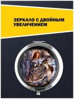 Зеркало косметическое круглое складное с увеличением для макияжа, зеркальце карманное маленькое для девочки и женщины подарочное Девушка с оленем