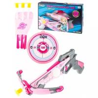 Розовый арбалет светящийся со стрелами для девочек от 6-ти лет/Набор "Меткий стрелок"/Арбалет для детей с мишенью, тиром, стрелами