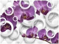 Фотообои Уютная стена "Фиолетовые орхидеи с абстракцией" 360х270 см Бесшовные Премиум (единым полотном)