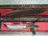 Нож туристический Лев разделочный в чехле ножнах и подарочный кожаный футляр, ручка нож. (Сталь65х13: модель 5)