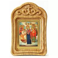 Икона Богородицы "Целительница" и святые врачеватели, резная деревянная рамка