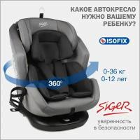 Автокресло детское поворотное Siger Ультра IsoFix от 0 до 36 кг, светло-серый