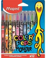 Фломастеры 12 цветов Maped COLOR'PEPS MONSTER, смываемые, с заблокированным пишущим узлом, в картонном футляре