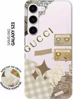 Силиконовый чехол на Samsung Galaxy S23, Самсунг С23 с 3D принтом "GUCCI Stickers" прозрачный