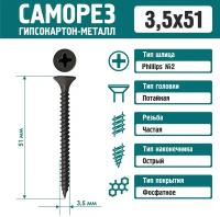 Саморез Rizzel 3,5х51 по металлу фосфатированный (250 шт)