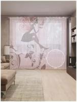 Тюль вуаль на шторной ленте с принтом "Фея с бабочкой" для гостиной, зала, кухни, спальни, детской, 310х265 см; Бледно-розовый, бордовый, белый