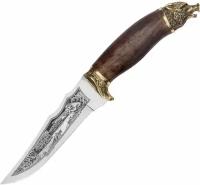 Нож ручной работы Охотник-2, сталь 65Х13, рукоять орех / Медведь на рукоятке, на клинке изображение "Охота на уток"