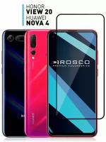 Защитное стекло для Honor View 20, Huawei Nova 4 (Хонор, Хуавей), стекло с олеофобным покрытием ROSCO, прозрачное с черной рамкой