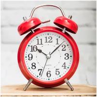 Часы будильник настольные классические D-10 см красный цвет Эврика детские, взрослые, подарочные мужские, женщине, ребенку, на стол, в спальню