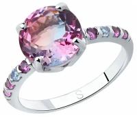 Кольцо SOKOLOV, серебро, 925 проба, родирование, фианит, ситалл, размер 19, розовый, фиолетовый