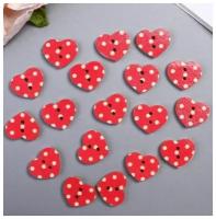 Пуговки Сердечки красные в горошек - пуговицы декоративные деревянные 17 мм, набор 18 штук для творчества