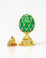 Шкатулка Яйцо в стиле Фаберже с фигуркой "Собор" 6,5 см Зеленая / Золотистая