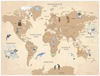 Фотообои Уютная стена "Карта мира со зверьками" 360х270 см Бесшовные Премиум (единым полотном)