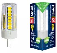 Светодиодная лампа Uniel LED-JC-220/5W/4000K/G4/CL GLZ09TR прозрачная. Белый свет (4000К). Картон. ТМ