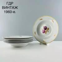 Винтажный набор суповых тарелок "Пурпурные розы". Фарфор Lichte Porzellan. ГДР, 1960-е