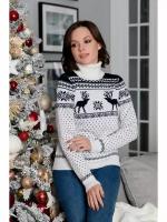 Шерстяной свитер, классический скандинавский орнамент с Оленями и снежинками, натуральная шерсть, белый, синий цвет, размер XL