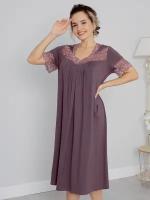 Ночная женская сорочка Эльза, с рукавом, свободного покроя, декольте из эластичного кружева. Цвет брусника. Большой размер 58