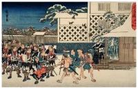 Репродукция на холсте Атака (1835-1839) (Act XI Fourth Episode (Actually Fifth): Rōnin After Attack Going to Sengakuji Temple, Stopped by Soldiers of Prince of Sendai, To Be Given Refreshments) Утагава Хиросигэ 78см. x 50см