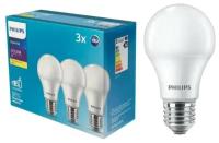 Лампа Светодиодная Philips 9W E27 220В Груша SSLEDBulb 3шт/уп 3000К Экопак35% Теплый белый свет, уп. 1шт