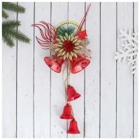 Украшение новогоднее "Колокольчики на кольце с цветком и бантиком" 12х30 см, красный
