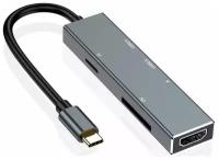 USB-концентратор (Хаб) GSMIN RT-18 6 в 1 (Type-C, USB 2.0, USB 3.0, TF, SD, HDMI) (Серый)