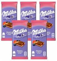 MILKA Молочный шоколад, Двухслойная начинка, Миндаль лесные ягоды, Флоу-пак, 5шт.*85гр