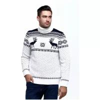 Шерстяной свитер с высоким горлом, скандинавский орнамент с Оленями, натуральная шерсть, белый цвет, размер XL