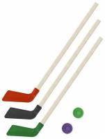 Детский хоккейный набор для игр на улице, свежем воздухе Клюшка хоккейная детская - 3 Клюшки 80 см. (красная, черная, зеленая) + 2 шайбы