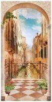 Фотообои Уютная стена "Балкон с аркой с видом на узкий канал Венеции" 140х270 см Бесшовные Премиум (единым полотном)