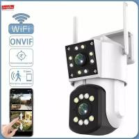 Уличная wi fi камера видеонаблюдения видеокамера с двойным объективом для дома с датчиком движения и сигнализацией