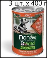 Влажный корм для собак Monge Dog BWILD Grain Free Adult TACCHINO, беззерновой, индейка, с тыквой, с цукини, 72 шт. х 400 г