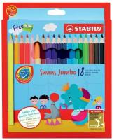 Цветные карандаши утолщенные в выдвигающейся коробке-пенале + точилка STABILO Swans Jumbo, 18 цветов