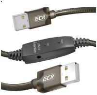 GCR Кабель активный 5.0m USB 2.0, AM/AM, черно-прозрачный, с усилителем сигнала, разъём для доп.питания, 28/24 AWG