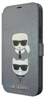 Чехол Karl Lagerfeld PU Saffiano Karl and Choupette Booktype для iPhone 12 mini, серебристый