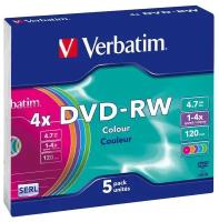 Диск DVD-RW Verbatim 4.7Gb 4x Slim case (5 штук), Color (43563)