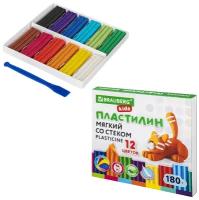 Пластилин мягкий восковой BRAUBERG KIDS, 12 цветов, 180 г, со стеком, 106495