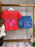 Комплект для девочки, красная футболка и шорты, 92 размер, 2 года
