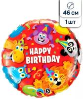 Воздушный шар фольгированный Riota круглый, Зверюшки, С Днем рождения, Happy birthday, красный 45 см