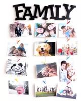 Мультирамка "Family" черная на 16 фото с мини-прищепками, панно на стену, мудборд