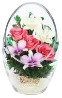 Natural Flower Products Co. Розовые розы и орхидеи в стекле. (22 x 14 x 14 см)