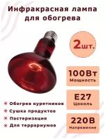 Инфракрасная лампа для курятника цыплят птиц животных 100W цоколь E27, 2 шт / Инфракрасная лампа для обогрева