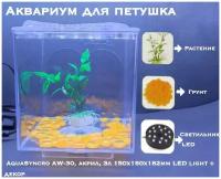 Аквариум для петушка AquaSyncro AW-30, акрил, 3л, 150х150х182mm, LED light + декор