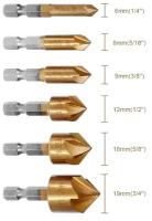 Набор зенковок 6 штук / Зенкер по дереву и цветным металлам 6 / 8 / 9 / 12 / 16 / 19мм / Зенкер