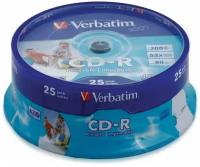 Диски CD-R VERBATIM 700 MB 52x Printable, комплект 25 шт, Cake Box, с поверхностью для печати