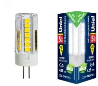 Светодиодная лампа Uniel LED-JC-220/5W/4000K/G4/CL GLZ09TR прозрачная. Белый свет (4000К). Картон. ТМ